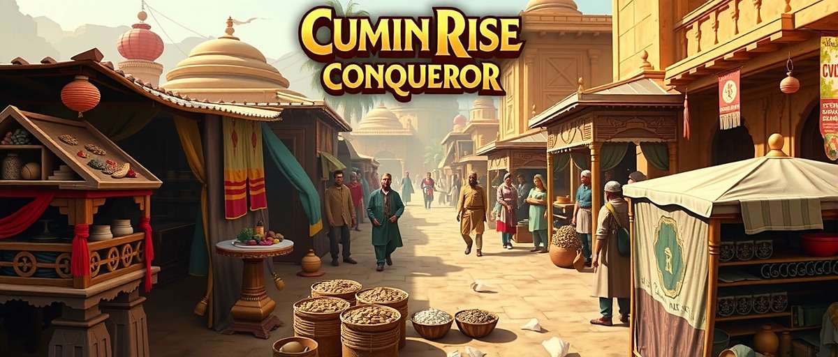 Cumin Rise Conqueror - Market Scene Cumin Rise Conqueror gameplay showing a bustling ancient Indian market with spice traders