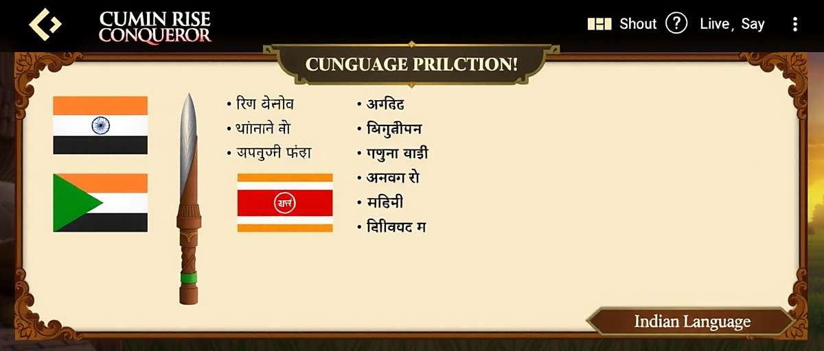 Cumin Rise Conqueror - Multi-language Support Cumin Rise Conqueror language selection screen showing various Indian language options